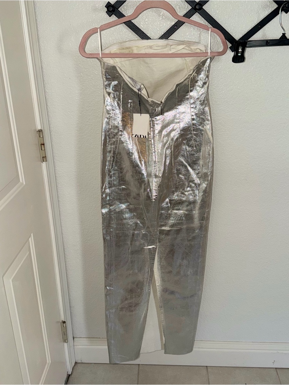 Zara The Fitted Denim Dress Silver Metallic Strapless Midi NWT Large - Picture 4 of 7